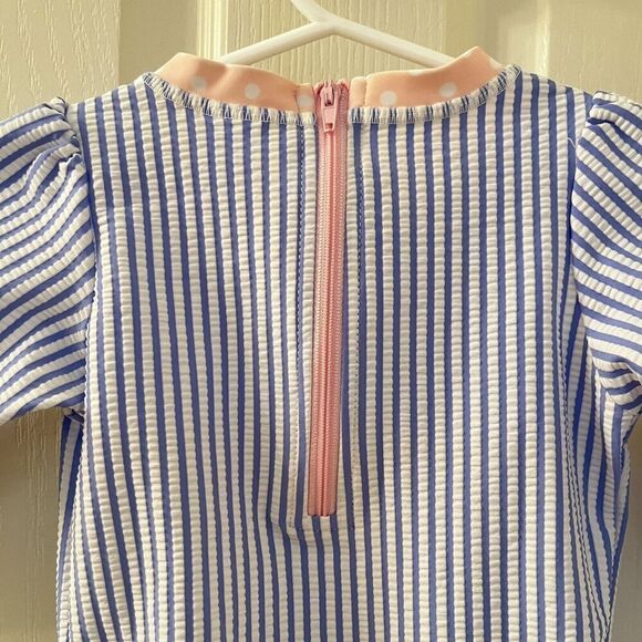 RuffleButts Seersucker One Piece Rash Guard Swimsuit Blue Pink Size 6-12 Months - Picture 13 of 15